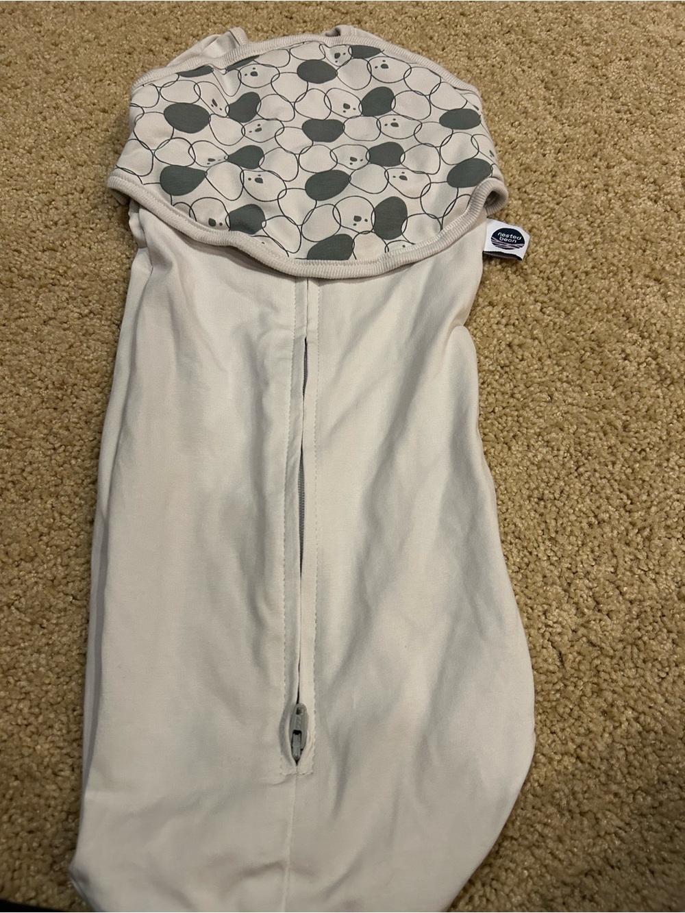 Nested Bean Cream and Gray Baby One-Piece Swaddle. 0-3 months